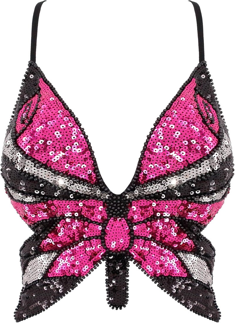 Mocure Womens Glitter Sequin Butterfly Crop Top Low-Cut Tank Top Rave Tube Vest Top for Belly Dance Costume Outfits - Image 1
